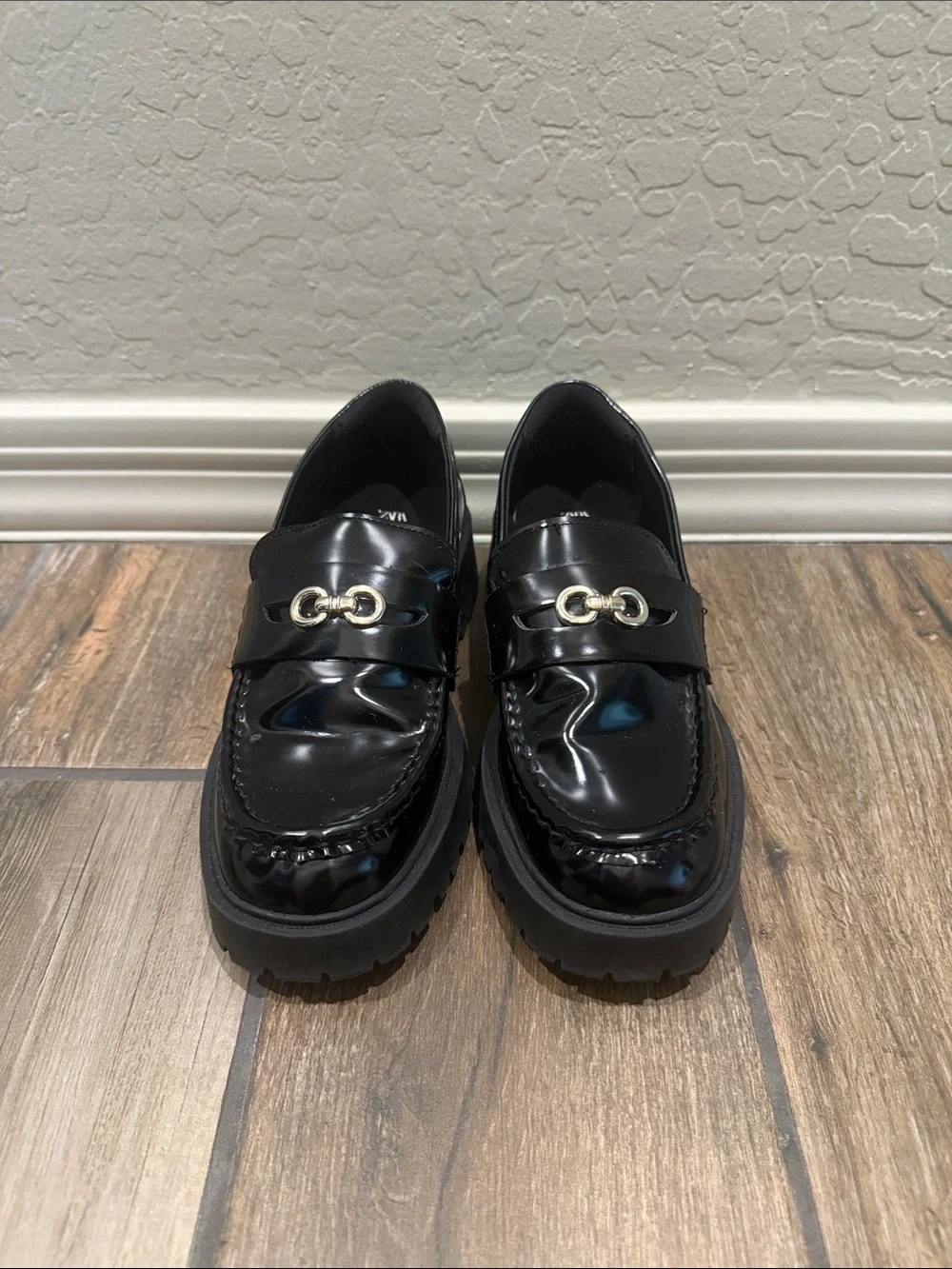 Kids Black Patent Loafers with Gold Accent